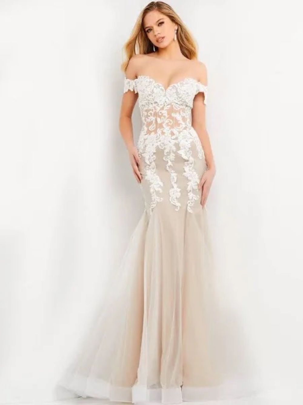 Jovani 02861 Nude/Off White One-Shoulder Lace Appliqué Mermaid Gown